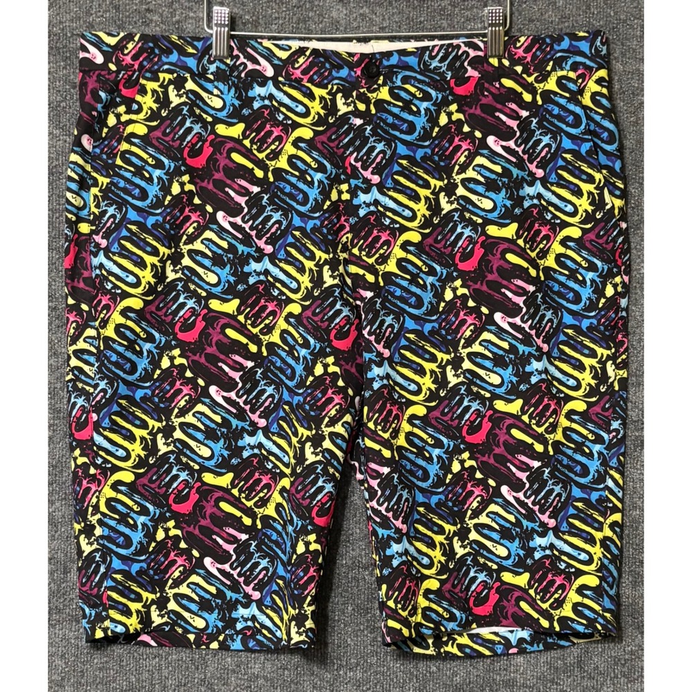 Hreski Mens Golf Shorts Abstract Print Neon Multicolor Flat Front Size 40